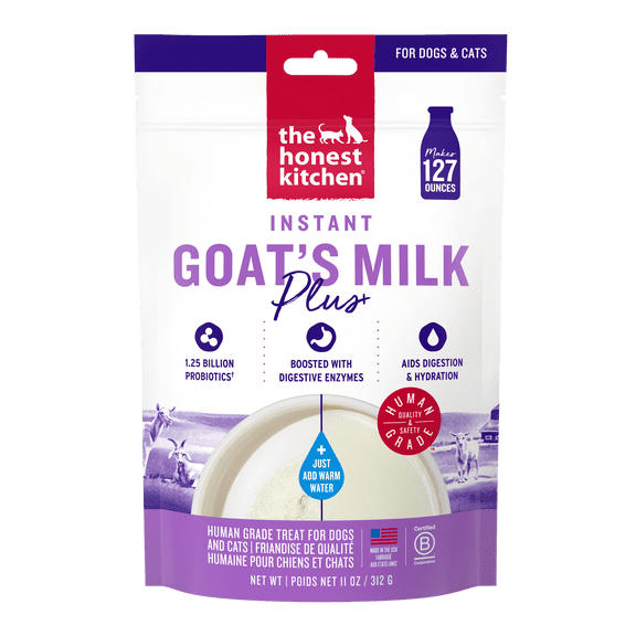 The Honest Kitchen Instant Goats Milk with Probiotics for Dogs and Cats, Human Grade Powder Drink Mix, Digestive Health Support, Food Topper or Treat, Just Add Water, 11 oz Pouch Makes 127 oz