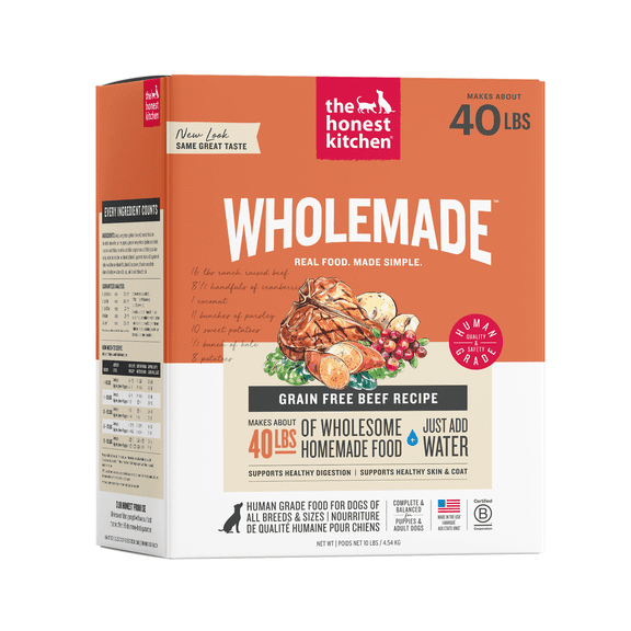 The Honest Kitchen Wholemade Grain Free Beef Recipe, Human Grade Dehydrated Dog Food, Just Add Water, Supports Healthy Digestion, Skin & Coat, Topper for Dry or Wet Dog Food, 10 lb Box Makes 40 lbs
