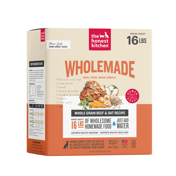 The Honest Kitchen Wholemade Whole Grain Beef Recipe, Human Grade Dehydrated Dog Food, Just Add Water, Supports Healthy Digestion, Skin & Coat, Topper for Dry or Wet Dog Food, 4 lb Box Makes 16 lbs