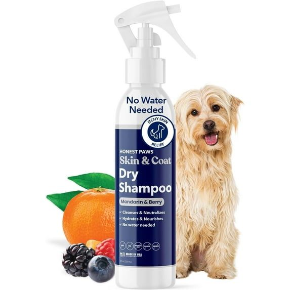 Honest Paws Dog Dry Shampoo, Waterless Shampoo, 8 oz Mandarin & Berry