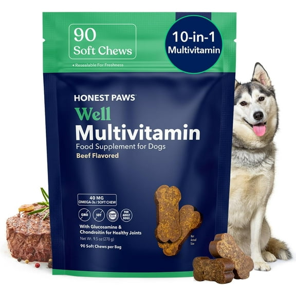 Honest Paws Dog Multivitamin for Joints, Digestion, Immune Support, Vitamins, Glucosamine Soft Chews, Beef Flavor, 9.5oz (90 Pack)