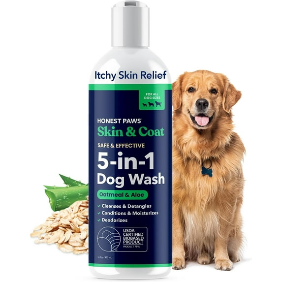 Honest Paws Dog Shampoo Plus Conditioner, 5-in-1 Dog Wash, 16 oz Oatmeal & Aloe