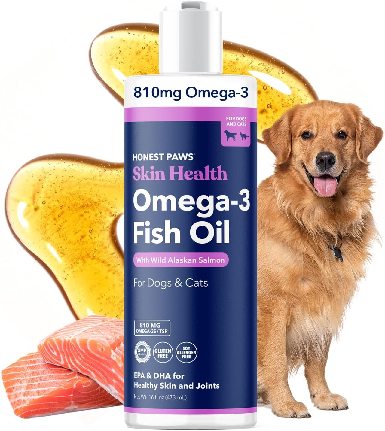 Honest Paws Omega-3 Fish Oil for Dogs with Wild Alaskan Salmon, Skin & Coat and Joint Health Support, 16 oz