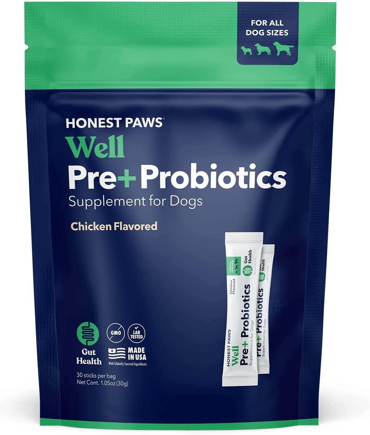 Honest Paws Probiotics for Dogs Powder Supplement with Digestive Enzymes and Prebiotics Support, Digestion and Immune Support, Chicken Flavor, 30 Count