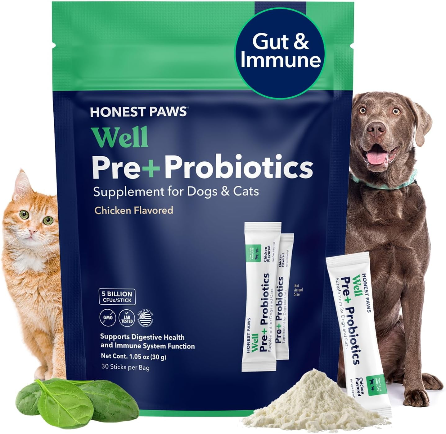 Honest Paws Well Pre+ Probiotics Supplement Powders for Dogs, Chicken Flavor, 30 Count Pouch