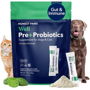 Honest Paws Well Pre+ Probiotics Supplement Powders for Dogs, Chicken Flavor, 30 Count Pouch