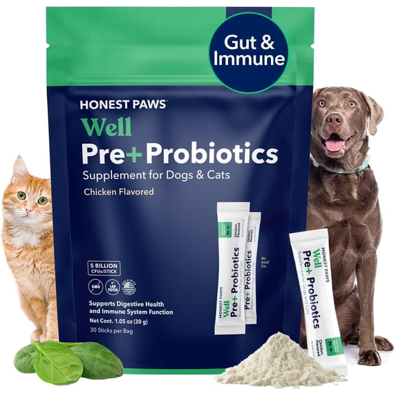 Honest Paws Well Pre+ Probiotics Supplement Powders for Dogs, Chicken Flavor, 30 Count Pouch
