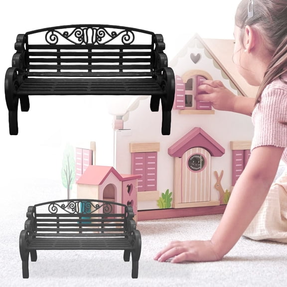 HonestMatter 1:6 Miniature Garden Bench, Decorative Plastic Doll Furniture, Park Bench with Scrollwork Design (Black)