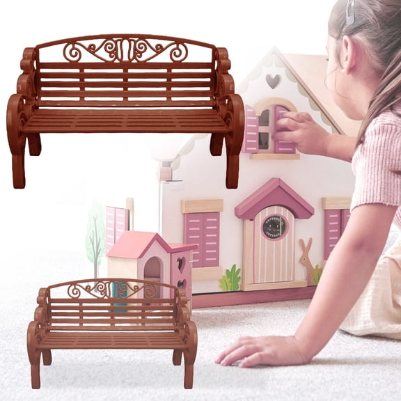 HonestMatter 1:6 Miniature Garden Bench, Decorative Plastic Doll Furniture, Park Bench with Scrollwork Design (Brown)