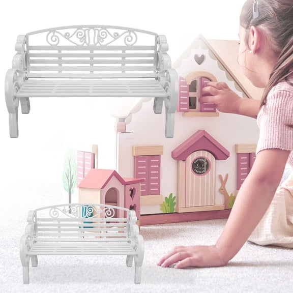 HonestMatter 1:6 Miniature Garden Bench, Decorative Plastic Doll Furniture, Park Bench with Scrollwork Design (White)