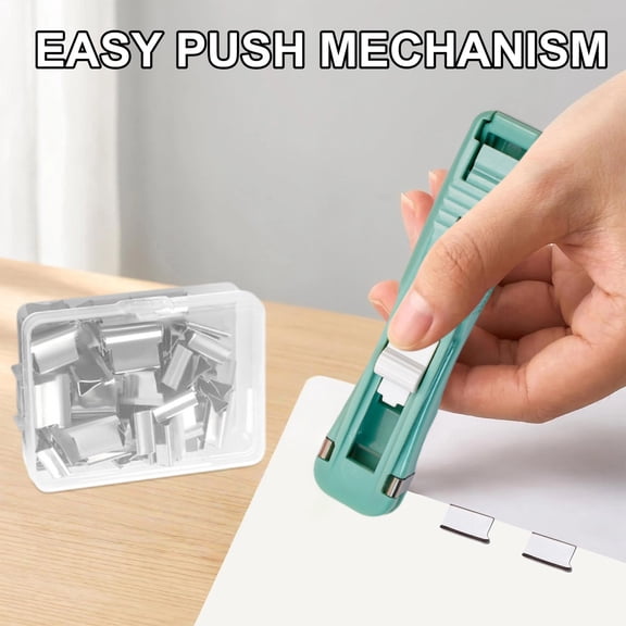 HonestMatter 1 Push Stapler and 50 Binding Clips, Reusable No Staple Paper Fastener, Portable Clamp Stapler for Exam Reports Student Papers, Transparent Green