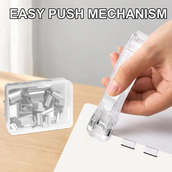 HonestMatter 1 Push Stapler and 50 Binding Clips, Reusable No Staple Paper Fastener, Portable Clamp Stapler for Exam Reports Student Papers, Transparent White