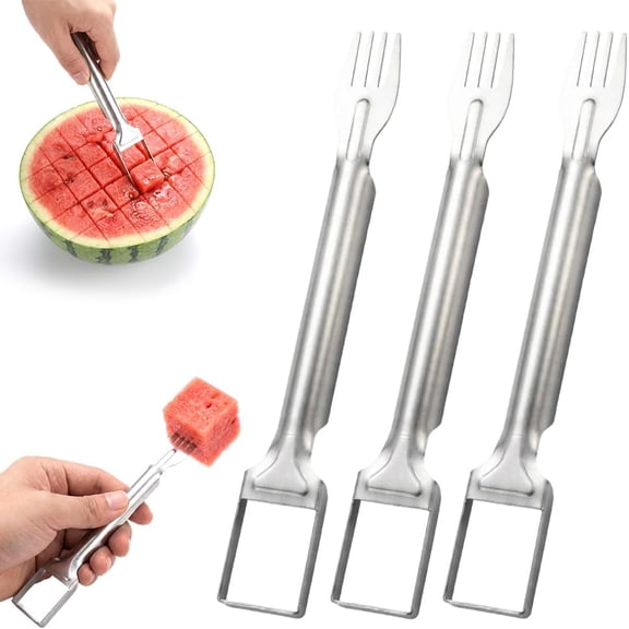 HonestMatter 2-in-1 Watermelon Slicer & Fork, Stainless Steel Fruit Cutter Tool for Watermelon, Mango, Pitaya, Dual Head Knife with Round Handle for Kitchen Fruit Cubes (1PC)