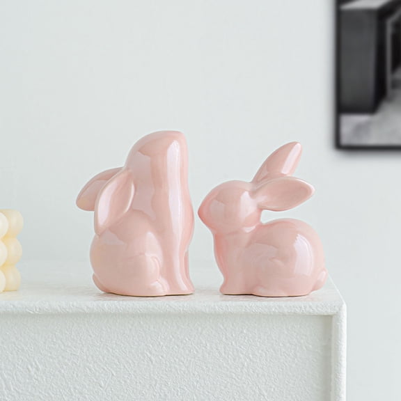 HonestMatter 2Pcs Ceramic Rabbit Figurines Pink Cute Animal Statue Light Luxury Elegant Ornament for Living Room Study Coffee Table Housewarming Gift