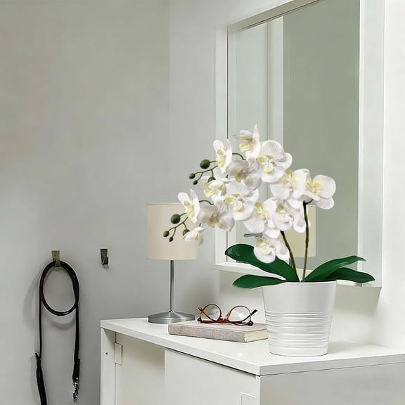 HonestMatter 9 Head 27 Inch Artificial Phalaenopsis Orchid White Lifelike Faux Flowers No Maintenance Bendable Stems for Home Living Room Desktop Decor