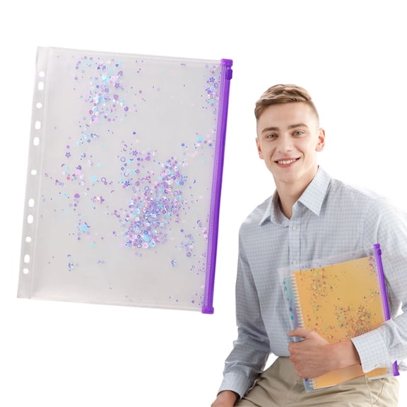 HonestMatter A4 Plastic Zipper Envelope, Glitter Sequin File Folder with 11-Hole Punch, Clear Pocket for Document Storage, Purple