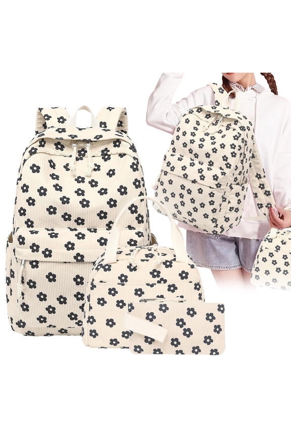 Aesthetic Daypack Bundle, 3 Piece Rucksack Kit, Lightweight Travel Bag Set, Floral Pattern Design, Laptop Sleeve, Beige Flowers