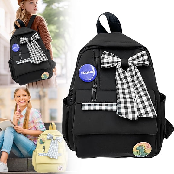 HonestMatter Aesthetic Nylon Daypack, Lightweight Laptop Rucksack, Plaid Pattern Shoulder Bag, Kawaii Bowknot Design, Bunny Pendant, Black