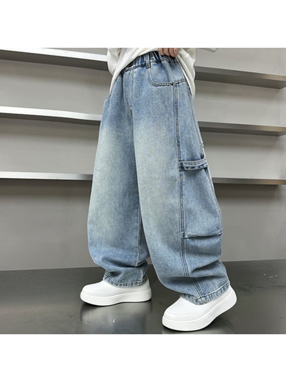 Baggy Jeans for Boys, Wide Leg Cargo Pants with Back Elastic Waist, Kids Washed Denim Casual Trousers with Large Pockets for School and Daily Wear