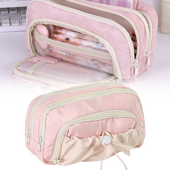 HonestMatter Big Capacity Pencil Case, Drawstring Stationery Pouch, Handheld Pen Bag, 5 Compartments, Dustproof Canvas Material, Pink