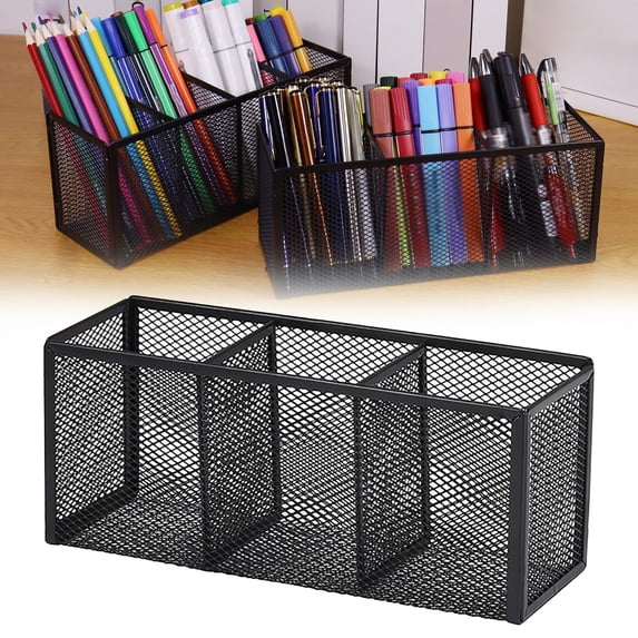 HonestMatter Black Mesh Pen Holder, Small Metal Desk Organizer, Desktop Stationery Storage Stand, 3 Divided Compartments for Office, Metal Material