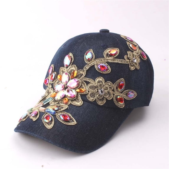 HonestMatter Bling Baseball Cap, Rhinestone Cowboy Hat with Gold Thread Floral Embroidery, Adjustable Sparkle Cap for Outdoor Sports, Black