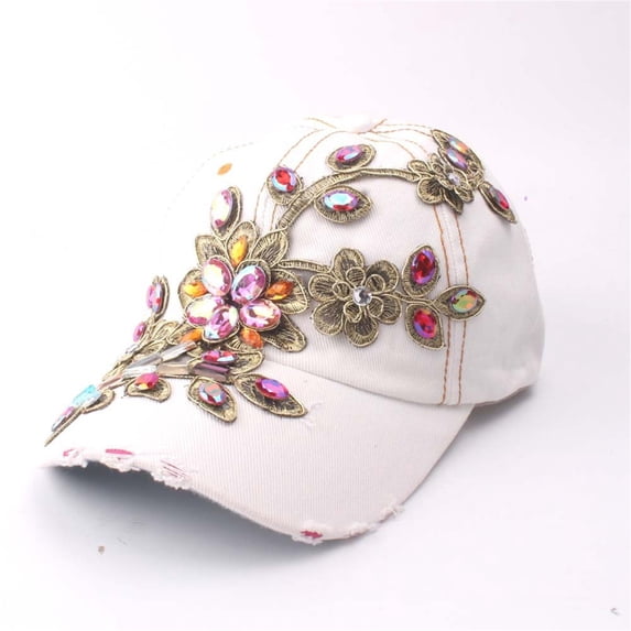 HonestMatter Bling Baseball Cap, Rhinestone Cowboy Hat with Gold Thread Floral Embroidery, Adjustable Sparkle Cap for Outdoor Sports, White