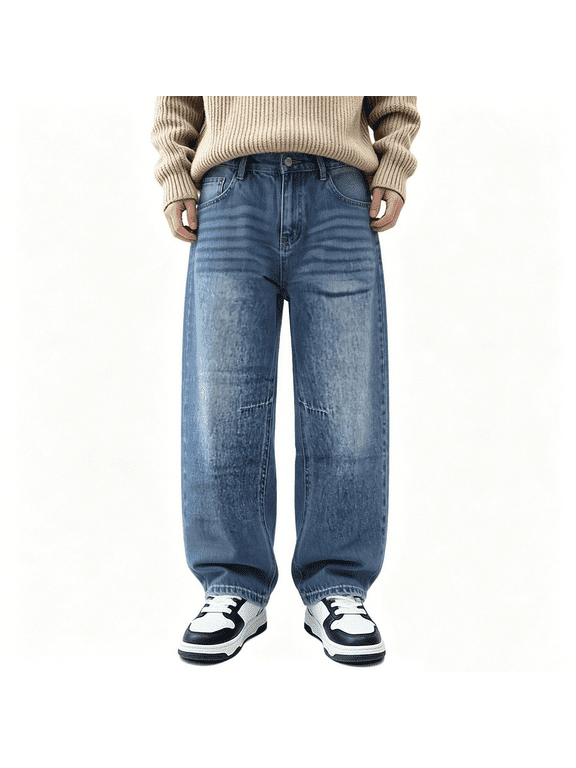 Boys Wide Leg Jeans, Cargo Style Baggy Pants with Elastic Waist, Kids Washed Denim Trousers with Large Pockets for School and Daily Wear
