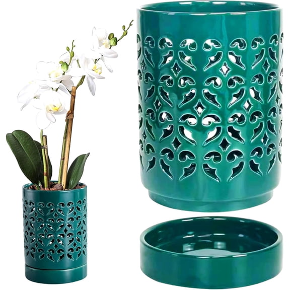 HonestMatter Ceramic Orchid Pots with Holes, 4 Inch Breathable Small Planter with Built-in Saucer, Glazed Green Flower Container for Indoor Outdoor Plant Growth