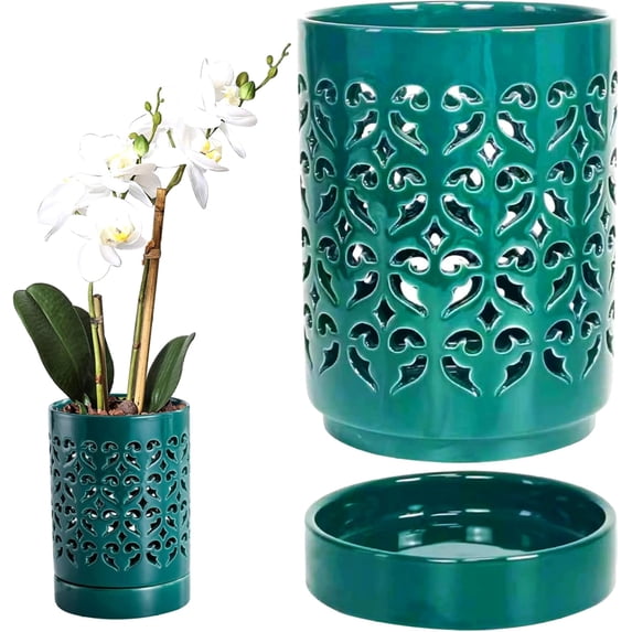 HonestMatter Ceramic Orchid Pots with Holes, 4 Inch Breathable Small Planter with Built-in Saucer, Glazed Green Flower Container for Indoor Outdoor Plant Growth