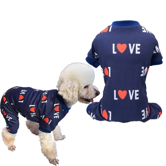HonestMatter Dog Jumpsuit Pet Pajamas Warm Puppy Jumpsuit Cotton Blend Winter Outfit for Small Dogs Cats Love Print Blue XL