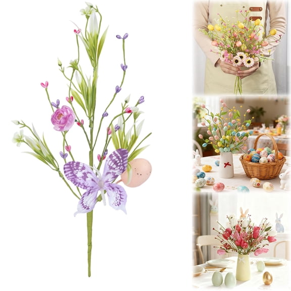 HonestMatter Easter Table Centerpiece Decor Artificial Egg Flowers Spring Artificial Flowers for Vase Mantel Indoor Home Flexible Plastic 15 Inch Easter Purple Butterfly Stem
