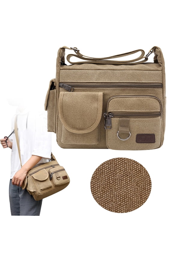 Electrician Tool Storage Bag, Waterproof Canvas Satchel, Heavy Duty Hardware Bag, Multi Compartment Design, Professional Khaki Canvas