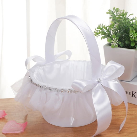HonestMatter Flower Girl Basket, Elegant Bridal Wedding Basket with Bow and Lace Decoration, Small Handle Carrying Holder for Petals Candy and Celebrations, A