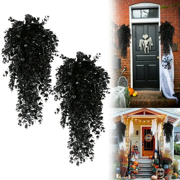 HonestMatter Halloween Inverted Tree Decor, 2 Pack Black Hanging Plant Garland, Artificial Maple Leaf Tree for Spooky Room Decor, Black