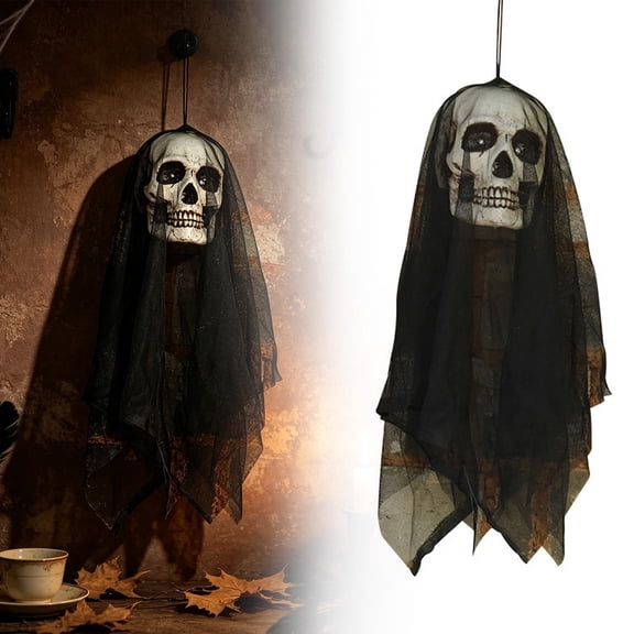 HonestMatter Hanging Skeleton Head, Halloween Yard Decoration with Flowing Black Tulle, Scary Outdoor Prop for Tree Porch Garden, Black