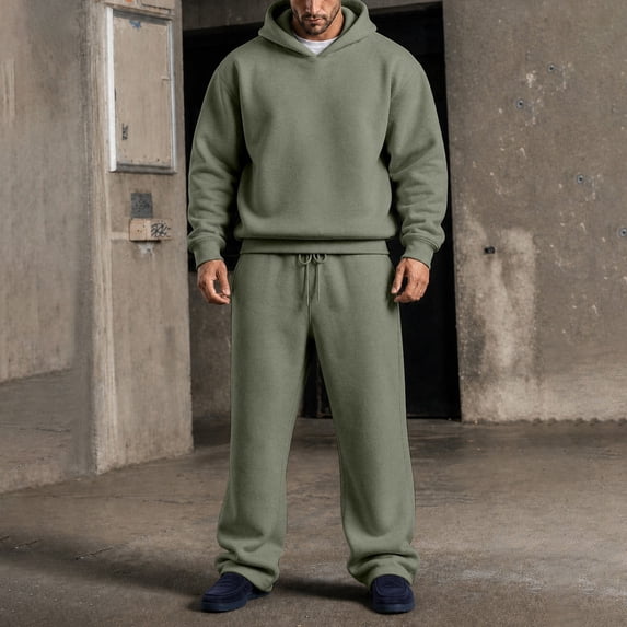HonestMatter Men's 2 Piece Casual Jogging Set, Hoodie and Wide Leg Sweatpants, Fleece Matching Lounge Outfit for Comfortable Streetwear, Green, Size S