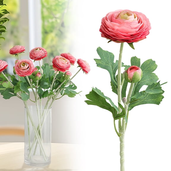 HonestMatter Pink Lifelike Faux Ranunculus Flower Stem 2 Heads 3 Inch Soft Rayon Petals Flocked UV Resistant for Home Wedding Centerpiece