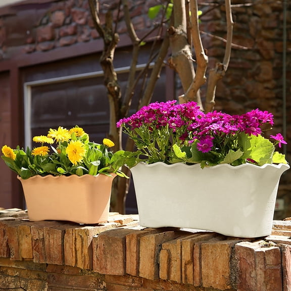 HonestMatter Planter Box Large Plastic Rectangular Wavy Ruffled Edge Flower Pot with Drainage for Indoor Outdoor Garden Patio Home Decor White 12.2x5.5x5.5 Inch 1 PC