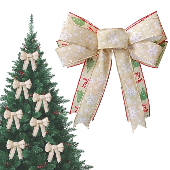 HonestMatter Pre-Tied Bow, Burlap Style Christmas Tree Bow with Printed Design, Rustic Wreath Bow Ornament for Holiday Home and Farmhouse Display