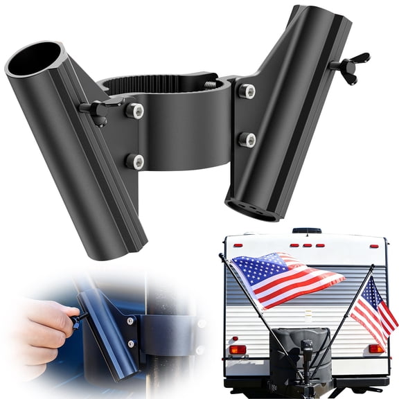HonestMatter RV Flag Pole Mount, Flag Pole Holder, Flag Pole Bracket, Double Aluminum Flagpole Support for Camper, Quick Lock Wing Screws, Black