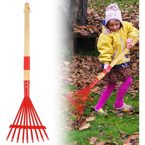 HonestMatter Small Garden Rake, Gardening Tools for Beginners, Outdoor Leaf Rake, Lightweight Hardwood Handle, Blue Head, 28 Inch Yard Tool