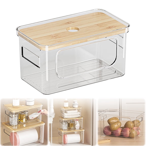 HonestMatter Small Trash Bag Dispenser with Bamboo Lid Stackable Clear Plastic Garbage Bag Holder for Kitchen Laundry Room Pantry Organization and Storage