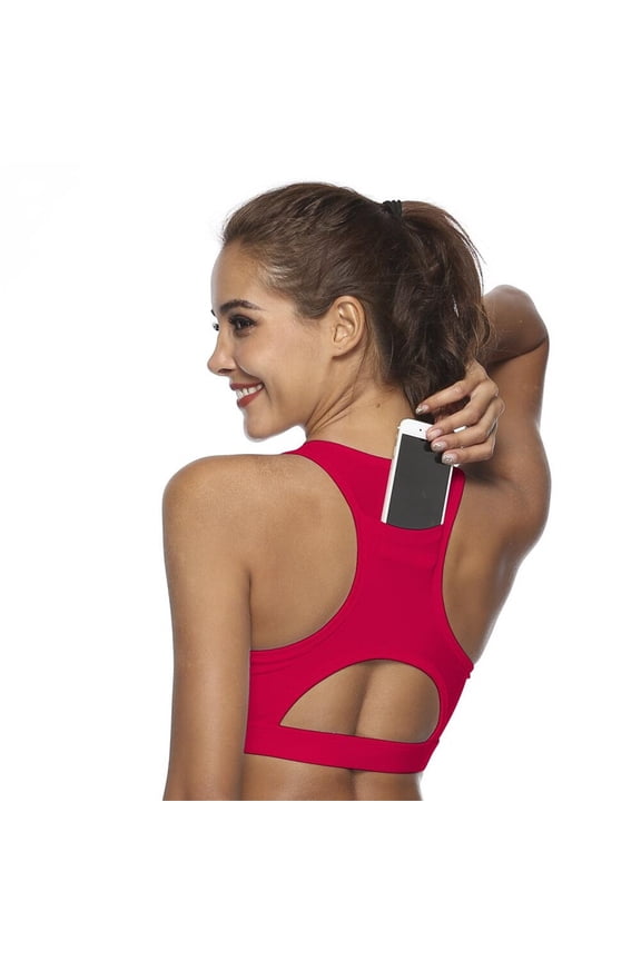 Sports Bra with Phone Pocket High Impact Running Yoga Workout Bra Padded Wireless Polyester Red Size S Back Pocket Design for Women