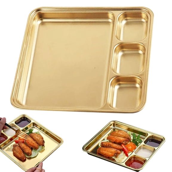 HonestMatter stainless steel plates, dinner plates, portion control plate, rectangular 4 compartment metal serving tray for home and camping, Gold