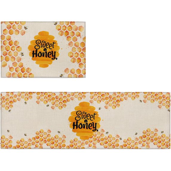 Honey 2 Pieces Kitchen Rug Set Non-Slip Backing Mat Throw for Kitchen Doormat Runner, Anti Fatigue Mats for Kitchen Floor Home Office, Watercolor Honeycomb Bee Design