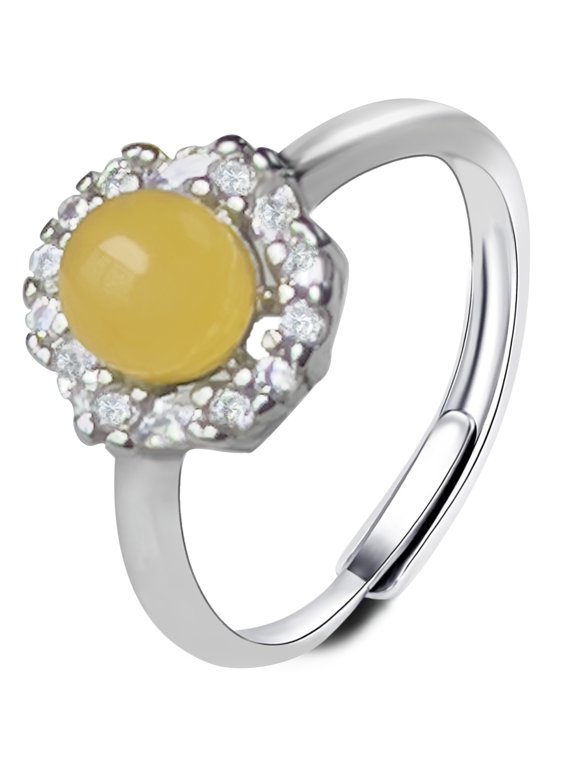 Honey Amber Ring for Women, Cubic Zirconia Promise Ring for Her, Stackable Wedding Statement Ring, Adjustable Amber Jewelry Gift Ball Ring for Your Loved One
