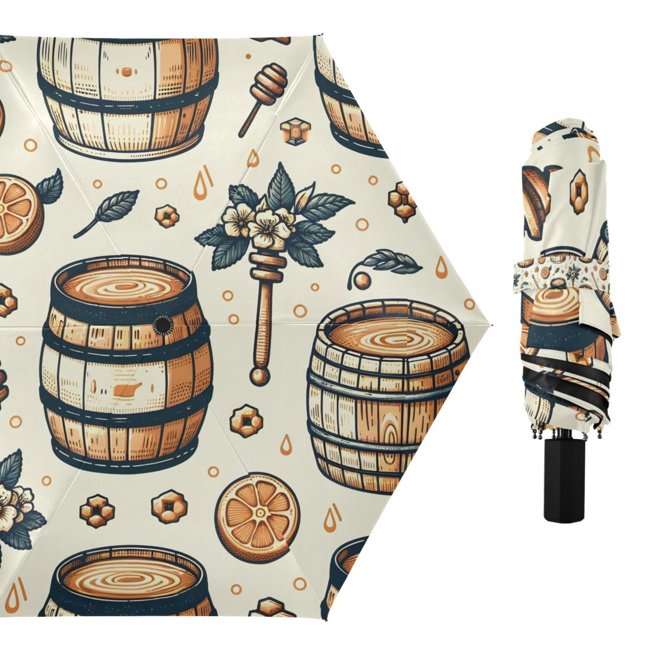 Honey Barrel with Orange Compact Sun Umbrella Windproof Travel Umbrellas for Rain Strong Portable UV Protection