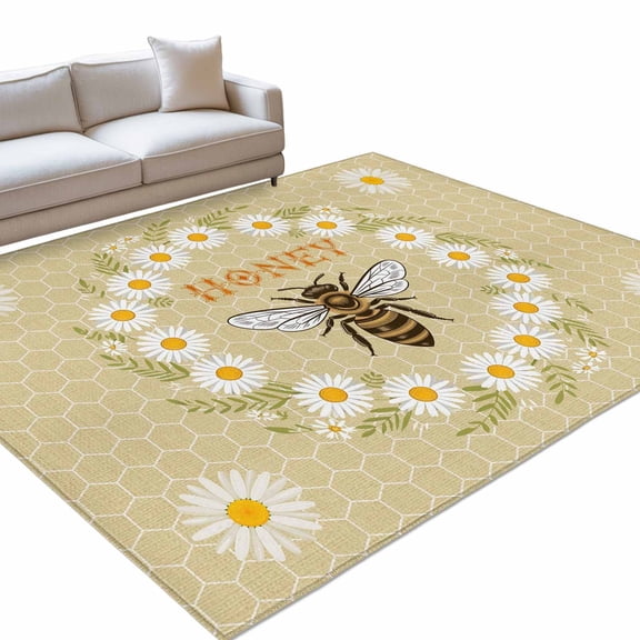 Honey Bee 3x5ft Non Slip Area Rug Retro White Daisy Wreath Leaf Honeycomb Texture Washable Soft Area Rugs for Living Room, Indoor Circle Carpet for Bedroom Dining Room Kitchen