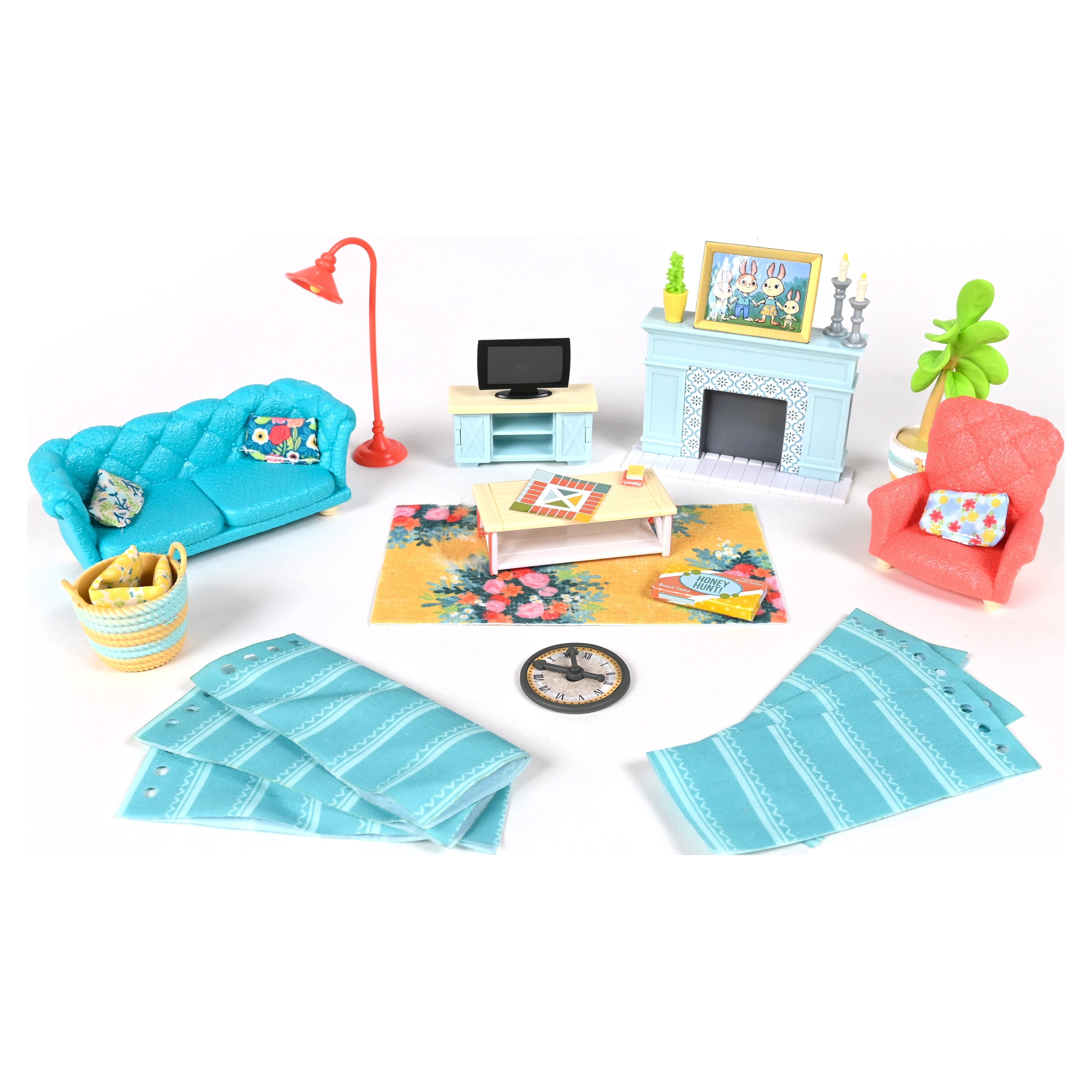 Honey Bee Acres Cozy Living Room Décor – 28 Piece Dollhouse Furniture & Accessories - Miniature Playset with Couch, Chair, Fireplace & More - Kids 3+